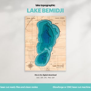 See Haus Dekor, Bemidji See Karte SVG, Holz Wand Dekor Geschenk, Topographisch, 3D Benutzerdefinierte Karten, Bathymetrische Karte Kunst, Xtool, DIGITAL DOWNLOAD