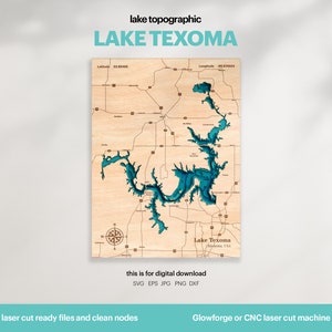 Lake House Decor, Texoma Lake Map SVG, Houten Muur Decor Cadeau, Topografisch, 3D Aangepaste Kaarten, Bathymetrische Kaart Kunst, Xtool, DIGITALE DOWNLOAD
