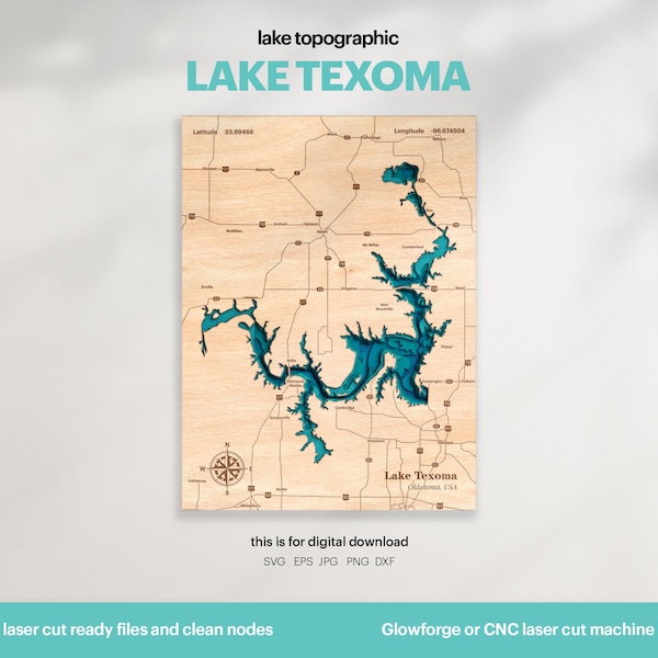 Lake House Decor, Texoma Lake Map SVG, Wood Wall Decor Gift, Topographic, 3D Custom Maps, Bathymetric Map Art, Xtool, DIGITAL DOWNLOAD