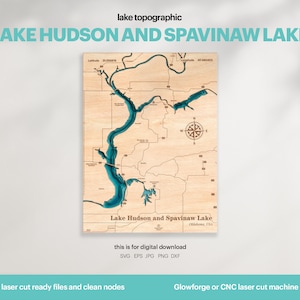 Lake House Decor, Lake Hudson und Spavinaw Karte SVG, handgemachtes Geschenk, Topographisch, benutzerdefinierte 3D-Karten, Bathymetrische Karte, Xtool, DIGITAL DOWNLOAD
