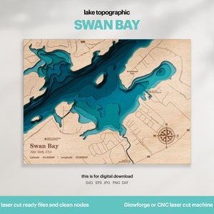 Decorazione per casa sul lago, mappa Swan Bay SVG, regalo di decorazione da parete in legno, topografica, mappe personalizzate 3D, mappa batimetrica, Xtool, DOWNLOAD DIGITALE