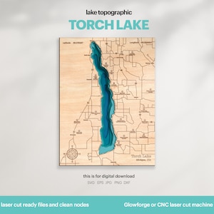 Lake House Decor, Torch Lake Map SVG, Houten Muur Decor Cadeau, Topografisch, 3D Aangepaste kaarten, Bathymetrische Kaart Kunst, Xtool, DIGITALE DOWNLOAD
