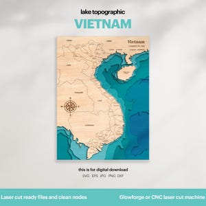 Décoration de maison sur le lac, carte du Vietnam SVG, cadeau de décoration murale en bois, topographique, cartes personnalisées 3D, art de la carte bathymétrique, Xtool, TÉLÉCHARGEMENT NUMÉRIQUE