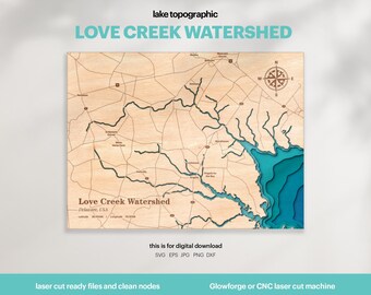 Love Creek Watershed Map SVG : 3D Topographic Lake House Decor (Digital Download)