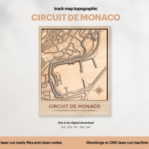 Racetracks kaart topografie, Monte Carlo kaart SVG, beroemde circuit racebaan, 3D houten baankaarten, Xtool, Glowforge, DIGITALE DOWNLOAD