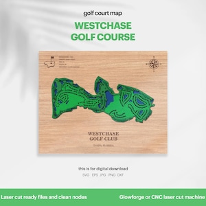 May include: A wooden golf course map of Westchase Golf Course in Tampa, Florida. The map is green and blue, with the course layout visible. The text "WESTCHASE GOLF COURSE" is at the top, and "WESTCHASE GOLF CLUB" is at the bottom.