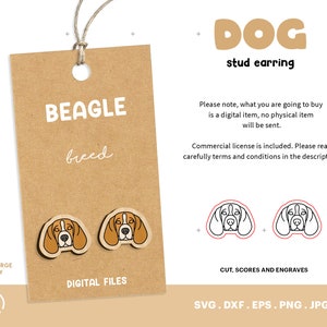 May include: Digital download of a Beagle dog head design for a stud earring. The design is in black and white and is ready to be cut, scored, and engraved. The design is available in SVG, DXF, EPS, PNG, and JPG formats.