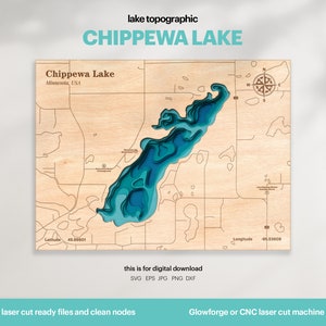 See Haus Dekor, Chippewa Lake Karte SVG, Holz Wand Dekor Geschenk, Topographisch, 3D Benutzerdefinierte Karten, Bathymetrische Karte Kunst, Xtool, DIGITAL DOWNLOAD