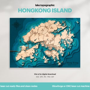 Lake House Decor, Hongkong eiland kaart SVG, houten muur decor cadeau, topografisch, aangepaste 3D-kaarten, bathymetrische kaartkunst, Xtool, DIGITALE DOWNLOAD
