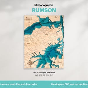 May include: A laser cut topographic map of Rumson, New Jersey. The map is made of wood and features a blue and brown color scheme. The map is for digital download and includes SVG, EPS, JPG, PNG, and DXF files.