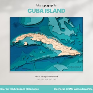 Lake House Decor, Mappa dell'isola di Cuba SVG, Regalo di decorazione della parete in legno, Topografica, Mappe personalizzate 3D, Arte della mappa batimetrica, Xtool, DOWNLOAD DIGITALE