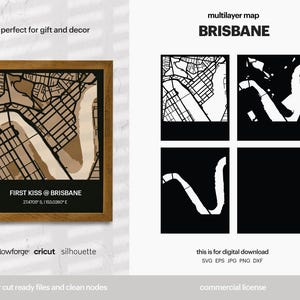 Brisbane gelaagde stadsplattegrond, stadskaart kunst aan de muur, meerlaagse stratenplan, kaart wanddecoratie, lasergesneden bestand, Glowforge, SVG-bestand