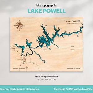 May include: Wooden topographic map of Lake Powell, with teal blue water features and a compass rose. The map includes the text "Lake Powell" and the states of Utah and Arizona. The text "laser cut ready files and clean nodes" is also visible.
