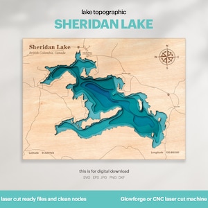 Lake House Decor, Sheridan Lake Karte SVG, Holz Wand Dekor Geschenk, Topographisch, 3D Benutzerdefinierte Karten, Bathymetrische Karte Kunst, Xtool, DIGITAL DOWNLOAD