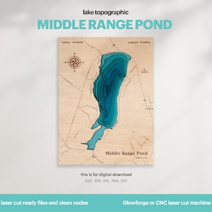 Puede incluir: Un mapa de madera de Middle Range Pond en Maine, EE. UU., cortado con láser. El mapa es una representación topográfica del lago, con capas azules que representan diferentes profundidades. El mapa está etiquetado con el nombre del lago y su ubicación. El texto "this is for digital download SVG EPS JPG PNG DXF" está debajo del mapa. El texto "laser cut ready files and clean nodes" está debajo del texto. El texto "Glowforge or CNC laser cut machine" está debajo del texto.