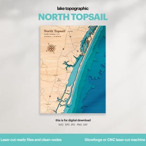 May include: Wooden topographic map of North Topsail, North Carolina, USA, with blue and teal water layers. The map includes a compass rose and the text "North Topsail". The image also includes the text "lake topographic" and "this is for digital download".