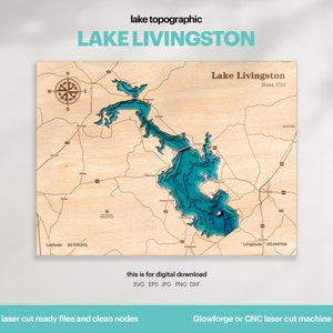 Décoration de maison sur le lac, carte du lac Livingstone, SVG, cadeau de décoration murale en bois, topographique, cartes personnalisées 3D, art de la carte bathymétrique, Xtool, TÉLÉCHARGEMENT NUMÉRIQUE