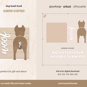 May include: Digital download of a laser cut dog leash hook design featuring a Cane Corso dog's rear end with the word "woof" in white text. The design is perfect for use with a Glowforge, Cricut, or Silhouette cutting machine. The design includes an alphabet in pink.
