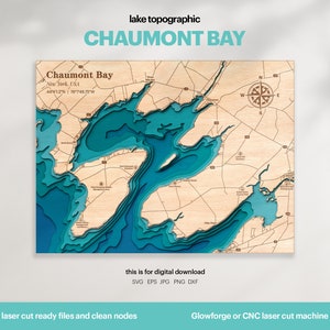 Décoration maison sur le lac, carte de la baie de Chaumont SVG, cadeau déco murale bois, topographique, cartes personnalisées 3D, art de la carte bathymétrique, Xtool, TÉLÉCHARGEMENT NUMÉRIQUE