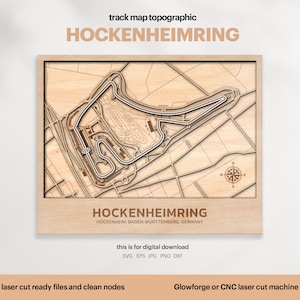 Racebanen kaart topografie, Hockenheim kaart SVG, beroemde circuit racebaan, 3D houten baankaarten, gepersonaliseerde wanddecoratie, digitale DOWNLOAD