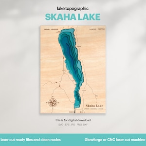 Décoration de maison sur le lac, carte du lac de Skaha, SVG, cadeau de décoration murale en bois, topographique, cartes 3D personnalisées, art de la carte bathymétrique, Xtool, TÉLÉCHARGEMENT NUMÉRIQUE