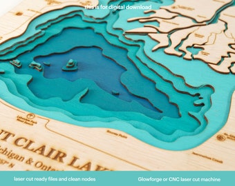 St. Clair Lake Topographic Map SVG, Lake Saint Clair, 3D Wood Lake Sign, Wooden Map, Wall Sign, Home Decor, Laser Cut Files, Glowforge