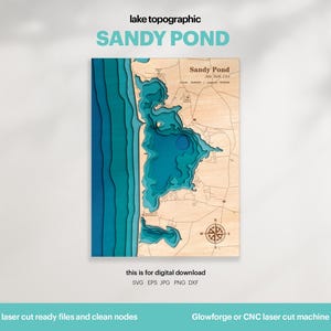 Sandy Pond Map SVG: 3D Topografisk sjöhusdekor (digital nedladdning)
