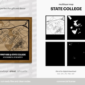 State College gelaagde stadsplattegrond, stadskaart kunst aan de muur, multi-gelaagde stratenkaart, kaart wanddecoratie, laser gesneden bestand, Glowforge, SVG-bestand