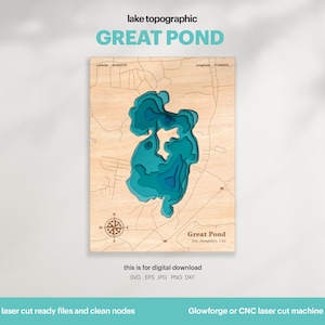 Karta över Great Pond SVG: 3D-topografisk sjöhusdekor (digital nedladdning)