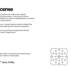May include: A black and white illustration of a cookie with a plus sign in the center. The text "license" is at the top of the image. The text below the image reads "This products are made to be used for personal purposes. A commercial license is needed if you plan to sell/distribute my artwork into end products. You are not permitted to resell the digital files without altering them beyond recognition. Failure to purchase an appropriate license will result in legal action. Please check my commercial license listing at the bottom of description happy creating".