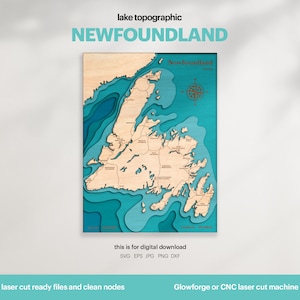 Décoration de maison sur le lac, carte du lac de Terre-Neuve SVG, cadeau de décoration murale en bois, topographique, cartes personnalisées 3D, art de la carte bathymétrique, Xtool, TÉLÉCHARGEMENT NUMÉRIQUE