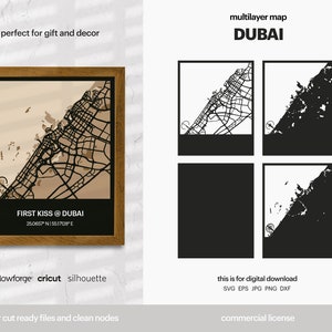 Dubai gelaagde stadsplattegrond, stadsplattegrond kunst aan de muur, meerlagige stratenplan, kaart wanddecoratie, laser gesneden bestand, Glowforge, SVG-bestand