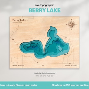 Décoration de maison au bord du lac, carte du lac Berry, SVG, cadeau de décoration murale en bois, topographique, cartes personnalisées 3D, art de la carte bathymétrique, Xtool, TÉLÉCHARGEMENT NUMÉRIQUE
