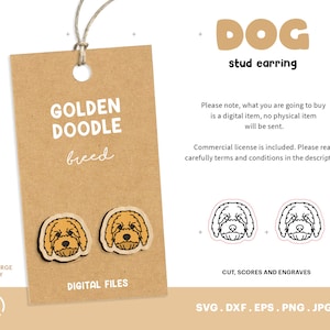 Może przedstawiać: Cyfrowy plik do pobrania z projektem kolczyka z psem rasy Golden Doodle. Projekt jest w stylu kreskówkowym z brązową i białą obwódką. Projekt jest dostępny w formatach SVG, DXF, EPS, PNG i JPG.