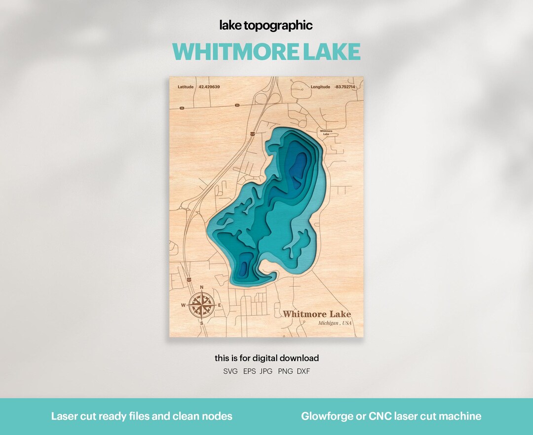 Whitmore Lake Topographic Map SVG: 3D Wood Wall Art (digital Download