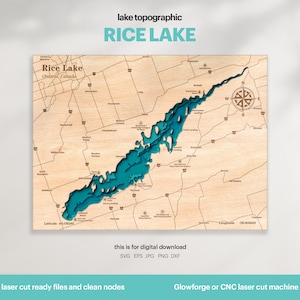 Decorazione per casa sul lago, mappa del lago Rice SVG, regalo di decorazione da parete in legno, topografica, mappe personalizzate 3D, mappa batimetrica, Xtool, DOWNLOAD DIGITALE