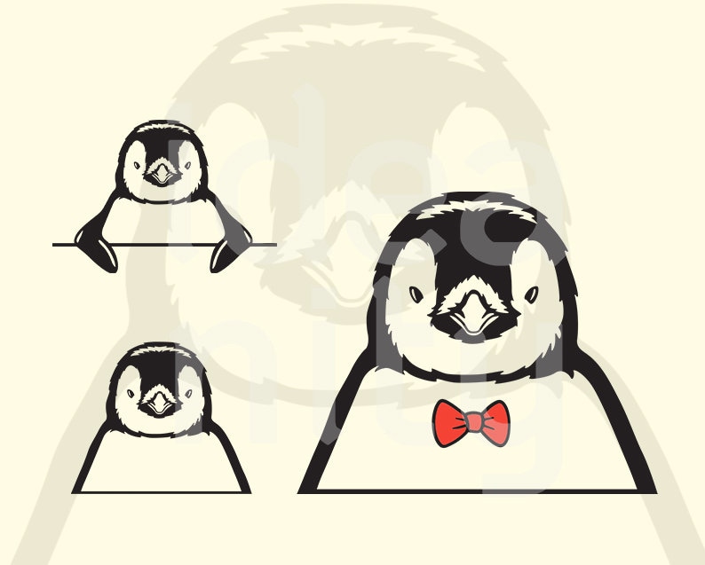 May include: A black and white cartoon penguin wearing a red bow tie. The penguin is looking directly at the viewer.