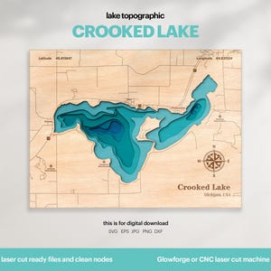 Lake House Decor, Crooked Lake Michigan Map SVG, Wood Wall Decor Gift, Topographic, 3D Custom Maps, Bathymetric Map, Xtool, DIGITAL DOWNLOAD