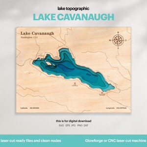 Décoration de maison au bord du lac, carte du lac Cavanaugh SVG, cadeau de décoration murale en bois, topographique, cartes personnalisées 3D, art de la carte bathymétrique, Xtool, TÉLÉCHARGEMENT NUMÉRIQUE