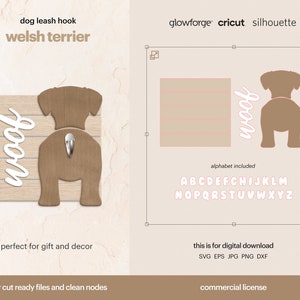 May include: A digital download design for a laser cut wooden dog leash hook featuring a Welsh Terrier silhouette with the word "woof" in white text. The design includes a hook for hanging a leash and is perfect for dog lovers.