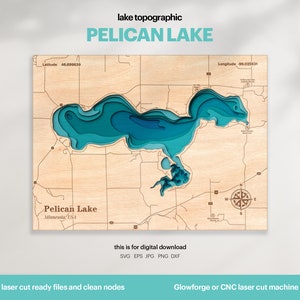 Décoration de maison au bord du lac, carte Pelican Lake SVG, cadeau de décoration murale en bois, topographique, cartes personnalisées 3D, art de la carte bathymétrique, Xtool, TÉLÉCHARGEMENT NUMÉRIQUE