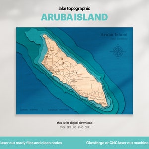 Décoration de maison sur le lac, carte de l'île d'Aruba, art de la carte, cadeau de décoration murale en bois, topographique, cartes 3D personnalisées, art bathymétrique, Xtool, téléchargement numérique