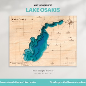 Décoration de maison sur le lac, carte du lac d'Osakis SVG, cadeau de décoration murale en bois, topographique, cartes personnalisées 3D, art de la carte bathymétrique, Xtool, TÉLÉCHARGEMENT NUMÉRIQUE