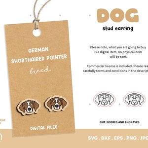 Pode incluir: Download digital de um design de brinco de botão de raça de cão Braco Alemão de Pelo Curto. O design é em preto e branco e está pronto para ser cortado, marcado e gravado. O design está disponível nos formatos SVG, DXF, EPS, PNG e JPG.