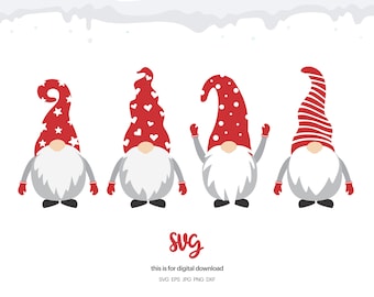 May include: Four red and white Christmas gnomes with white beards and gray bodies. The gnomes are wearing red hats with different patterns: stars, hearts, polka dots, and stripes.