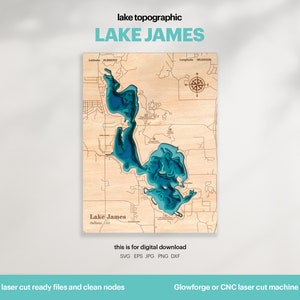 Décoration de maison au bord du lac, carte James Lake SVG, cadeau déco murale en bois, topographique, cartes personnalisées 3D, art de la carte bathymétrique, Xtool, TÉLÉCHARGEMENT NUMÉRIQUE