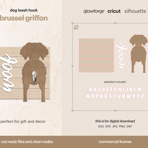 May include: A digital download of a laser cut file for a Brussels Griffon dog leash hook. The file includes a silhouette of the dog's rear end with the word "woof" written above it. The file also includes a full alphabet in a pink font.