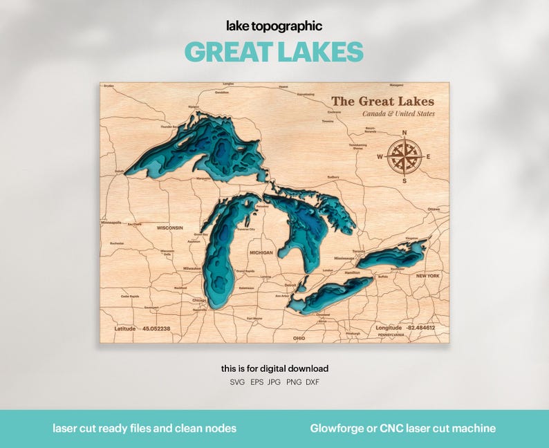 Puede incluir: Un mapa de madera de los Grandes Lagos de Am&eacute;rica del Norte cortado con l&aacute;ser. El mapa est&aacute; en tonos azules y marrones, con los lagos resaltados en azul. El mapa incluye los estados de Wisconsin, Michigan, Nueva York y Ontario, as&iacute; como el texto "The Great Lakes, Canada & United States".