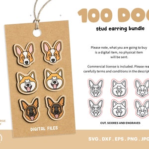 100 Dog Face Stud Earring Laser Cut File template, Dog Stud Earring, Earring svg, Laser Cut Files, Glowforge Ready
