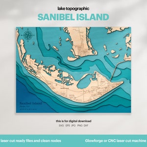Décoration maison sur le lac, carte de l'île de Sanibel SVG, cadeau de décoration murale en bois, topographique, cartes personnalisées 3D, art de la carte bathymétrique, Xtool, TÉLÉCHARGEMENT NUMÉRIQUE